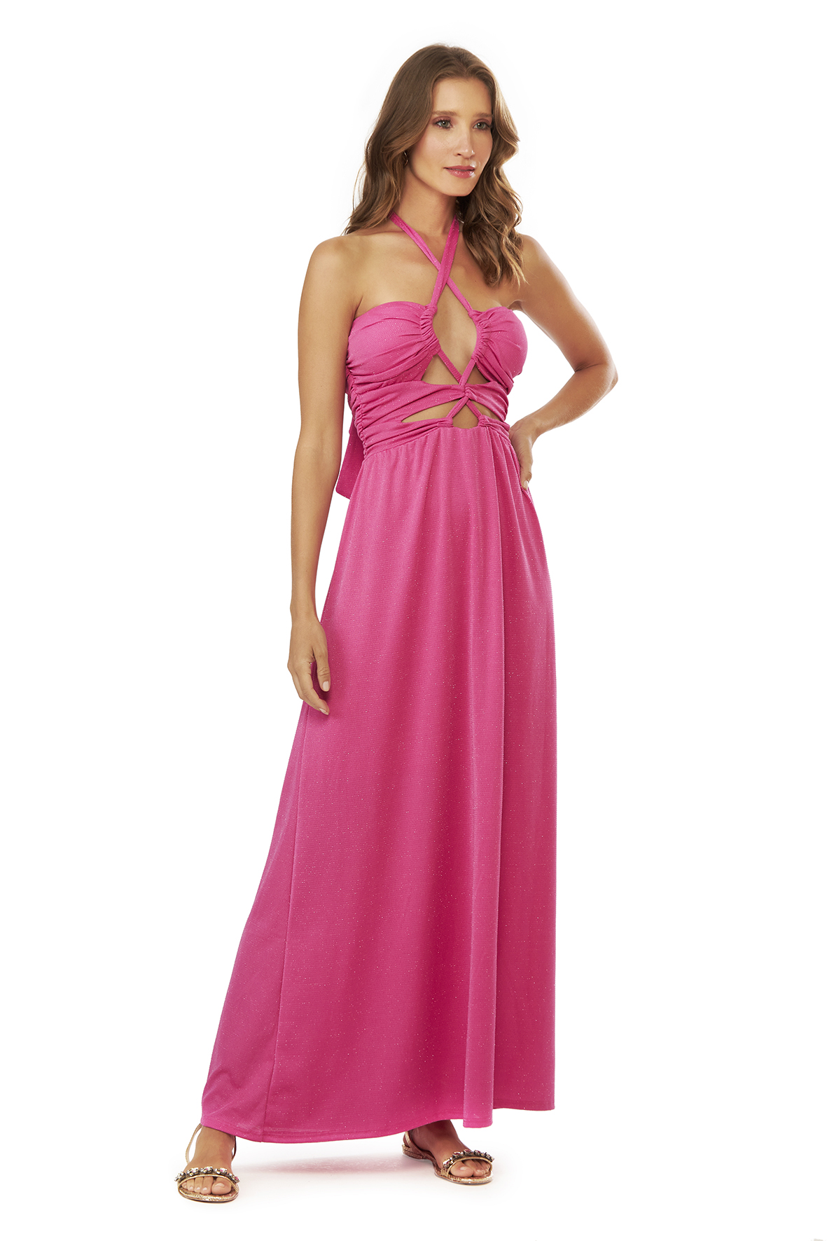 Tee Match - vestido longo decote vazado shine pink